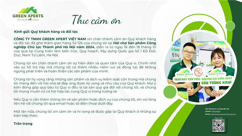 THƯ CẢM ƠN THAM QUAN GIAN HÀNG CÔNG TY TNHH GREEN XPERTS TẠI HỘI CHỢ SẢN PHẨM CÔNG NGHIỆP CHỦ LỰC THÀNH PHỐ HÀ NỘI NĂM 2024
