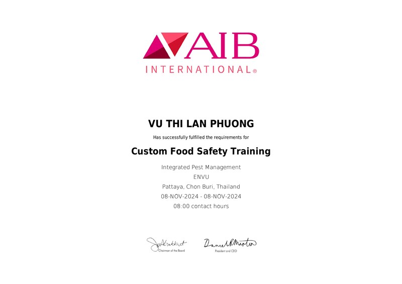 GREEN XPERTS ĐƯỢC ĐẠI DIỆN BỞI BÀ VŨ THỊ LAN PHƯƠNG ĐÃ THÀNH CÔNG NHẬN ĐƯỢC CHỨNG CHỈ "CUSTOM FOOD SAFETY TRAINING" CỦA TỔ CHỨC QUỐC TẾ AIB