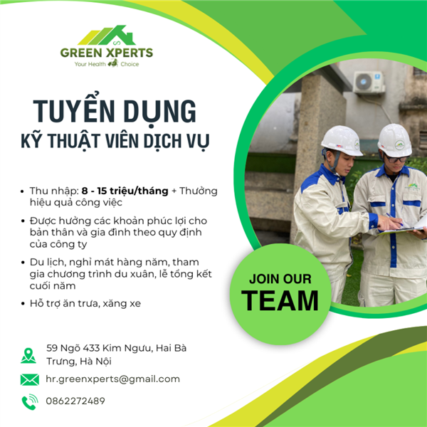 CÔNG TY TNHH GREEN XPERTS VIỆT NAM THÔNG BÁO TUYỂN DỤNG NHÂN VIÊN KỸ THUẬT KIỂM SOÁT MÔI TRƯỜNG